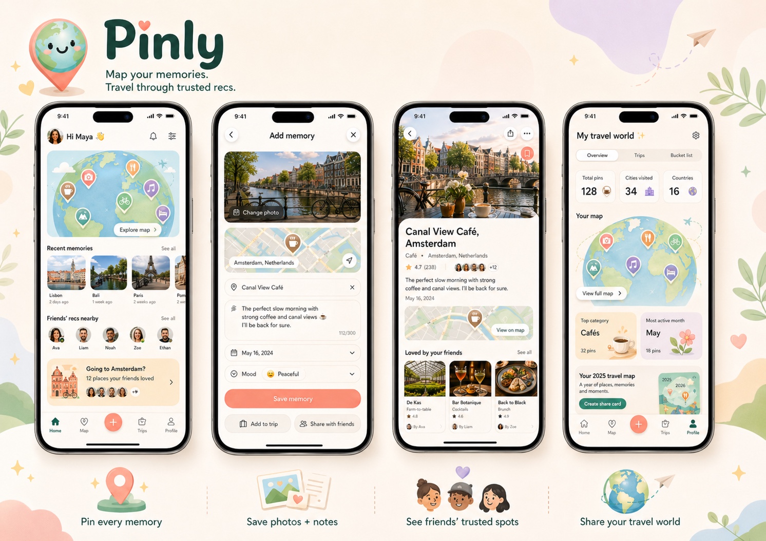 Four Pinlyy app screens showing the home dashboard, memory capture, memory details, and travel profile