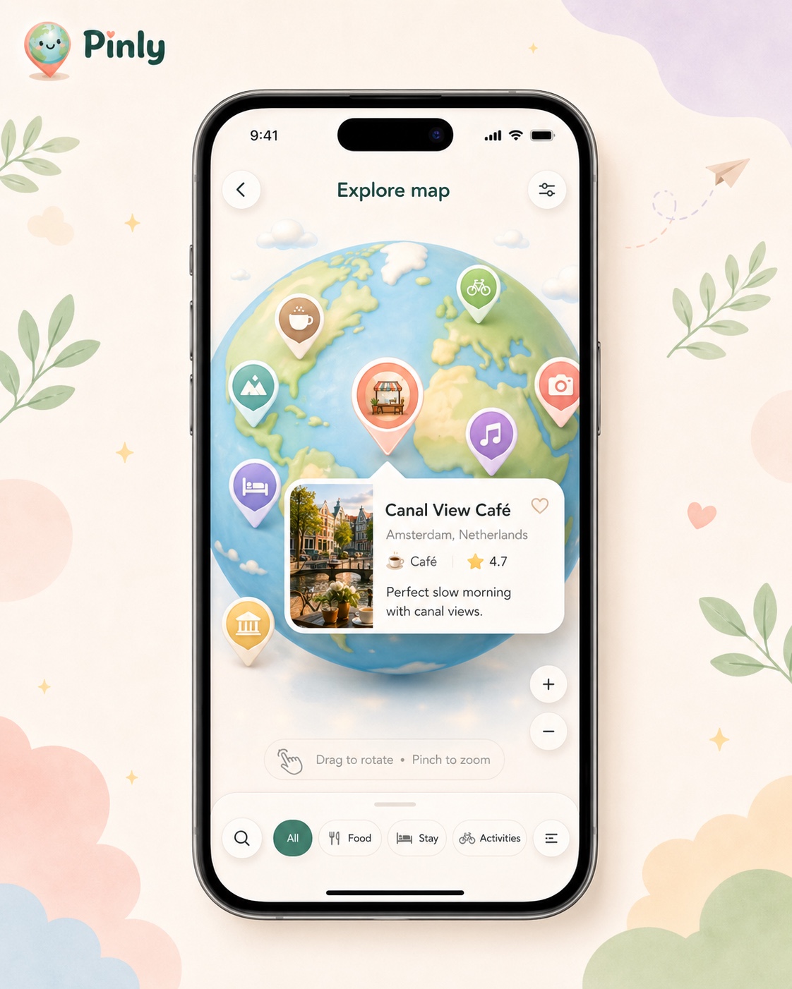 Pinlyy app showing a playful globe covered in memory pins