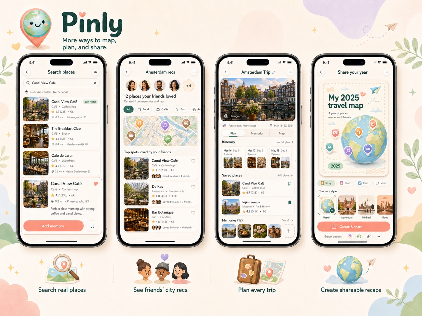 Pinlyy screens for place search, friend recommendations, trip planning, and shareable recaps