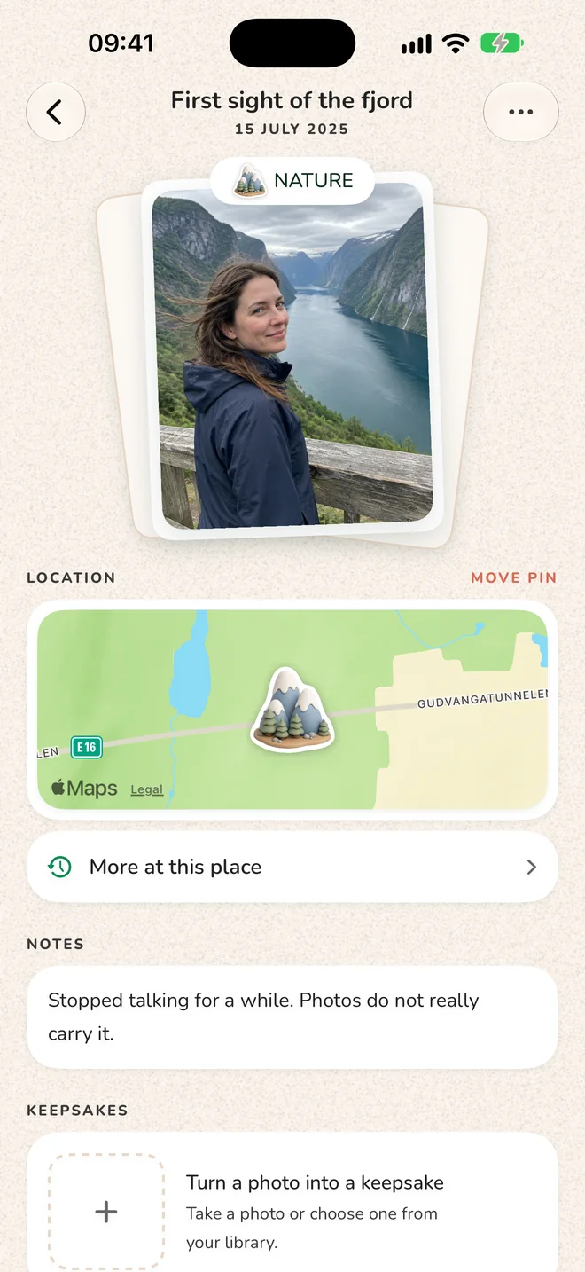 A Pinlyy memory from Aurland, Norway: photos, the place on a map, a note and keepsakes